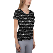 Load image into Gallery viewer, Jax Nutrition White Logo Everywhere All-Over Print Women's Black Athletic T-shirt
