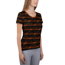 Load image into Gallery viewer, Jax Nutrition Orange Logo everywhere All-Over Print Women's Athletic Black T-shirt