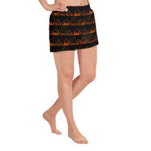 Load image into Gallery viewer, Jax Nutrition Orange Logo Everywhere on Black Women&#39;s Athletic Short Shorts
