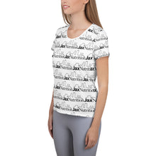 Load image into Gallery viewer, Jax Nutrition Black Logo Everywhere All-Over Print Women&#39;s Athletic T-shirt
