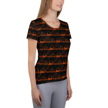 Load image into Gallery viewer, Jax Nutrition Orange Logo everywhere All-Over Print Women&#39;s Athletic Black T-shirt
